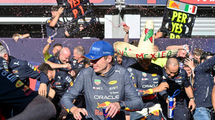 Max Verstappen and Sergio Perez after the Belgian Grand Prix